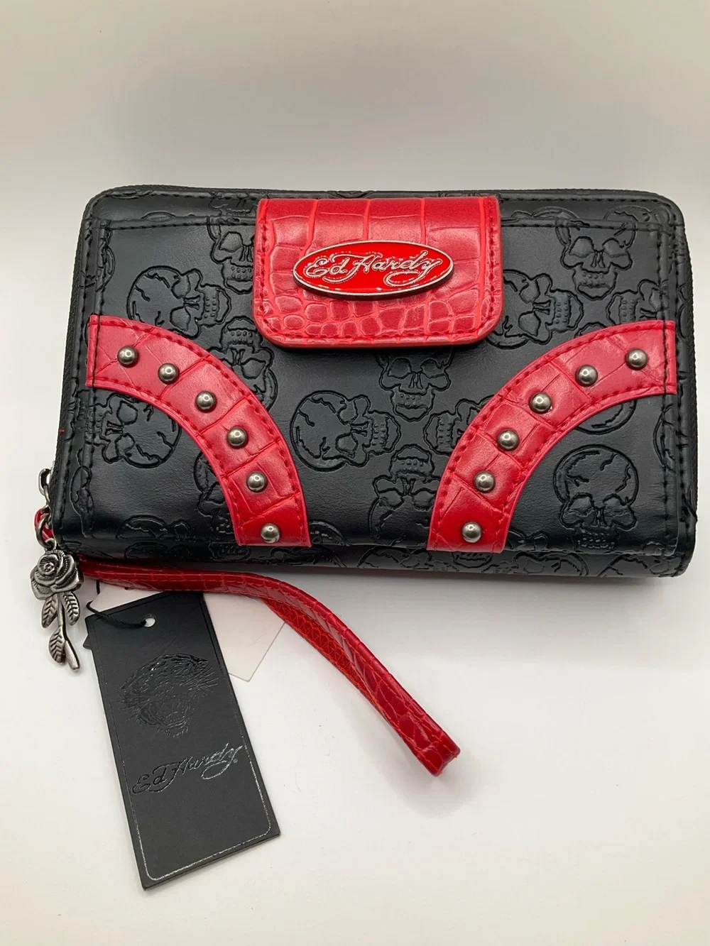 NWT Ed Hardy Black and Red Skull-Embossed Wristlet Wallet Biker Grunge Goth